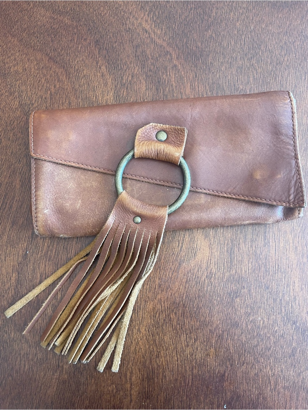 Lisa Leonard Leather Fringe Clutch Brown Brass Ring Wallet Bohemian Festival